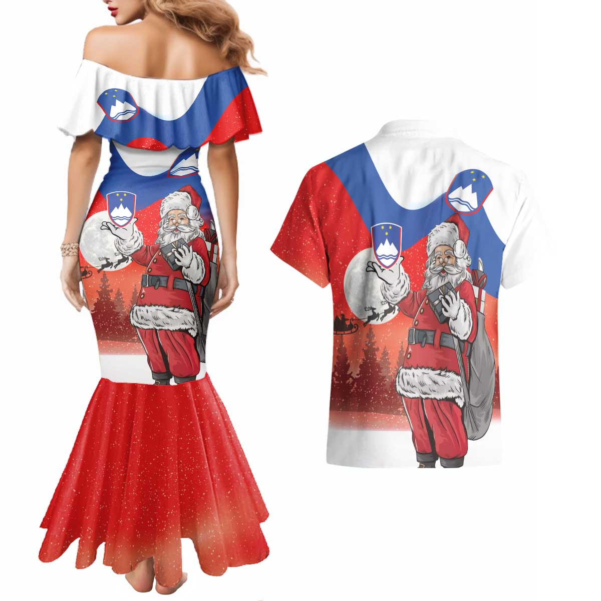 Slovenia Santa Christmas Couples Matching Mermaid Dress and Hawaiian Shirt Slovenija Vesel Bozic Flag Style - Wonder Print Shop
