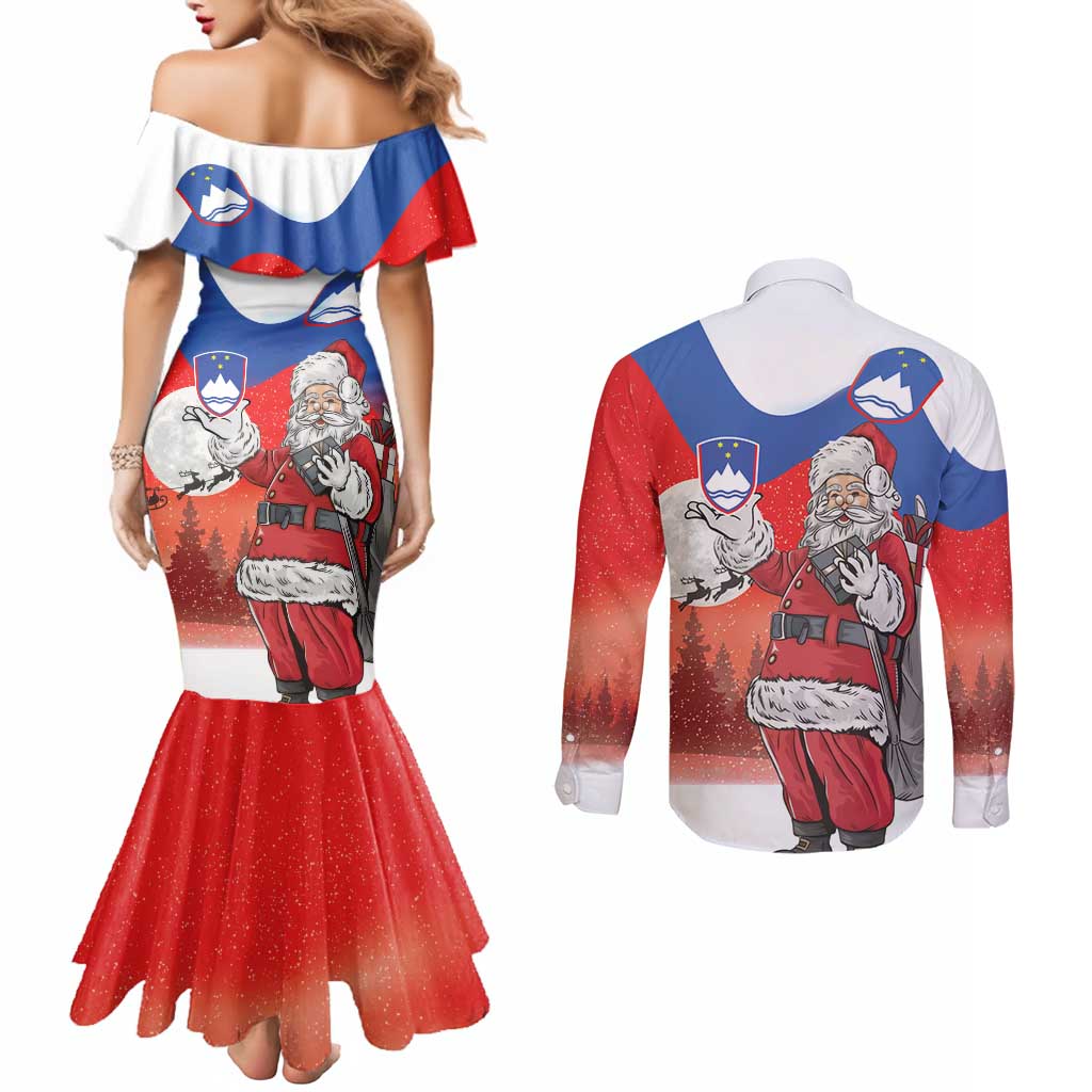 Slovenia Santa Christmas Couples Matching Mermaid Dress and Long Sleeve Button Shirt Slovenija Vesel Bozic Flag Style - Wonder Print Shop