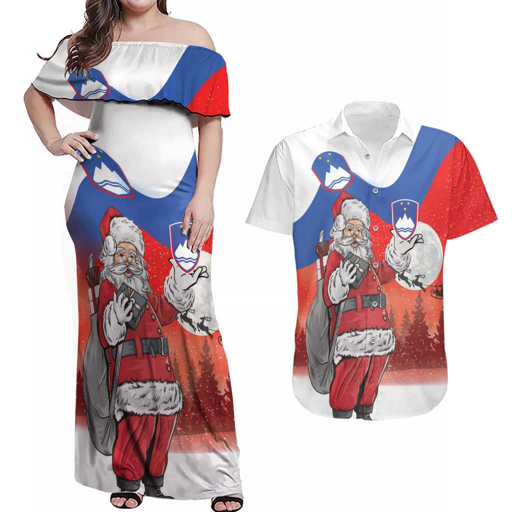 Slovenia Santa Christmas Couples Matching Off Shoulder Maxi Dress and Hawaiian Shirt Slovenija Vesel Bozic Flag Style - Wonder Print Shop