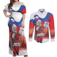 Slovenia Santa Christmas Couples Matching Off Shoulder Maxi Dress and Long Sleeve Button Shirt Slovenija Vesel Bozic Flag Style - Wonder Print Shop