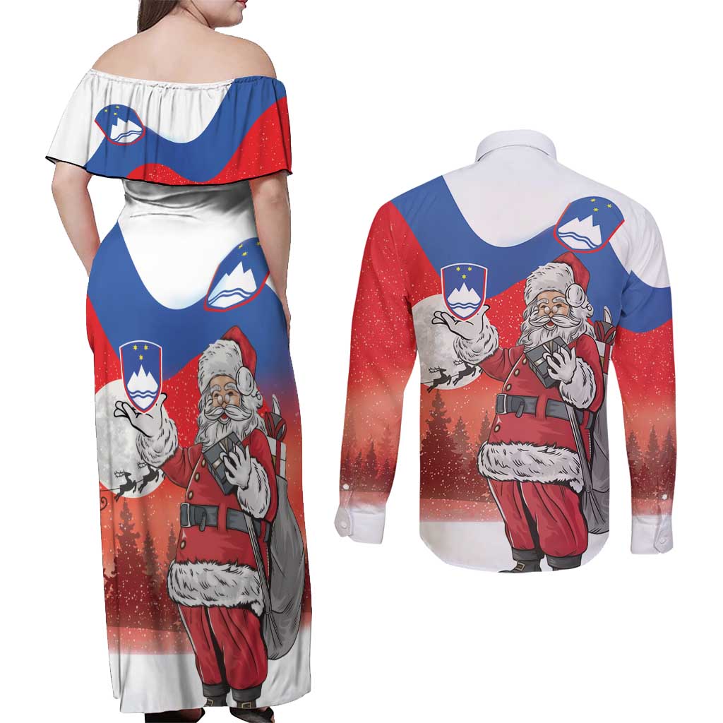 Slovenia Santa Christmas Couples Matching Off Shoulder Maxi Dress and Long Sleeve Button Shirt Slovenija Vesel Bozic Flag Style - Wonder Print Shop