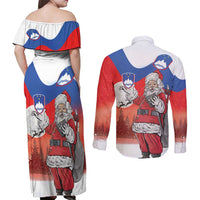 Slovenia Santa Christmas Couples Matching Off Shoulder Maxi Dress and Long Sleeve Button Shirt Slovenija Vesel Bozic Flag Style - Wonder Print Shop