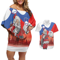 Slovenia Santa Christmas Couples Matching Off Shoulder Short Dress and Hawaiian Shirt Slovenija Vesel Bozic Flag Style - Wonder Print Shop