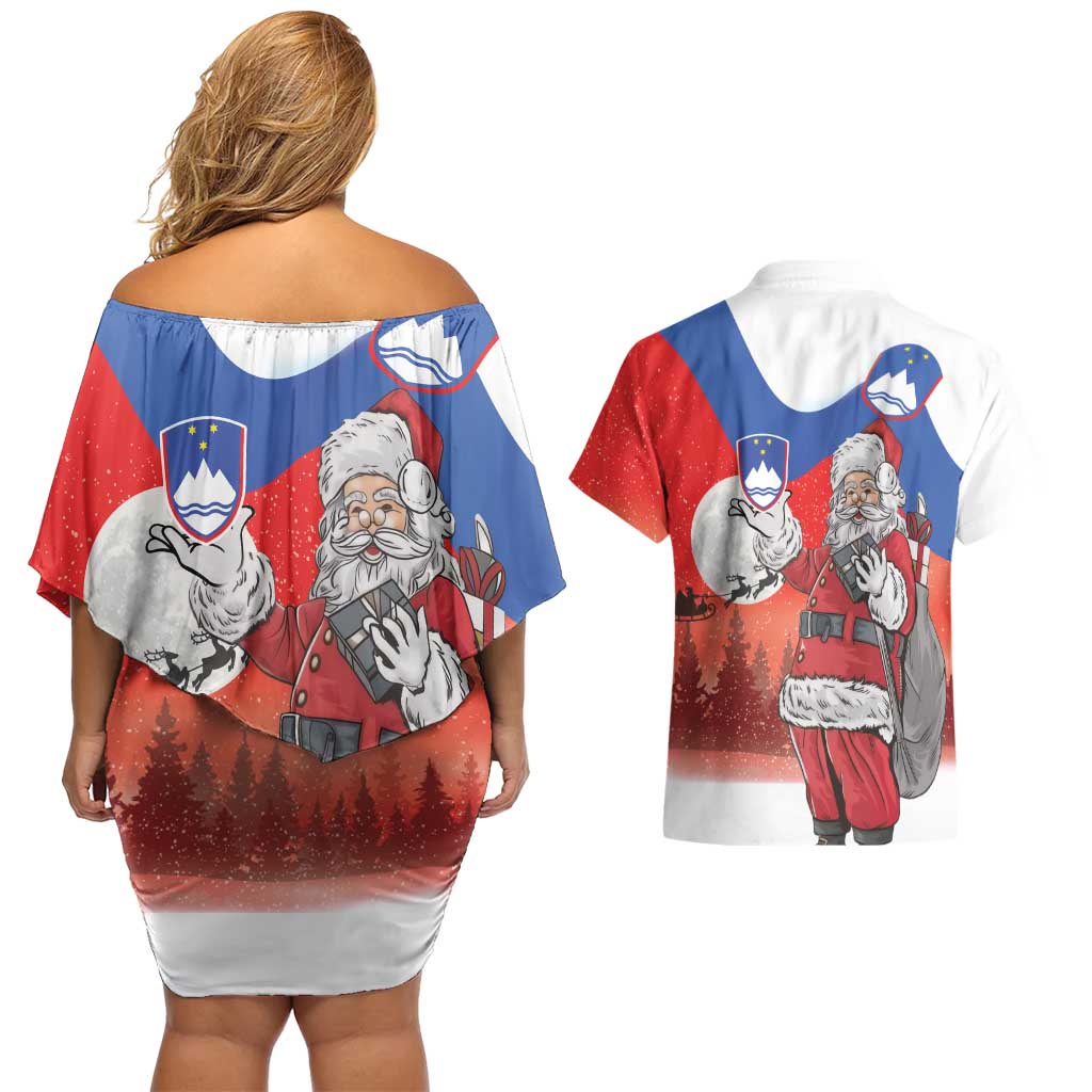 Slovenia Santa Christmas Couples Matching Off Shoulder Short Dress and Hawaiian Shirt Slovenija Vesel Bozic Flag Style - Wonder Print Shop