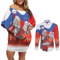 Slovenia Santa Christmas Couples Matching Off Shoulder Short Dress and Long Sleeve Button Shirt Slovenija Vesel Bozic Flag Style - Wonder Print Shop