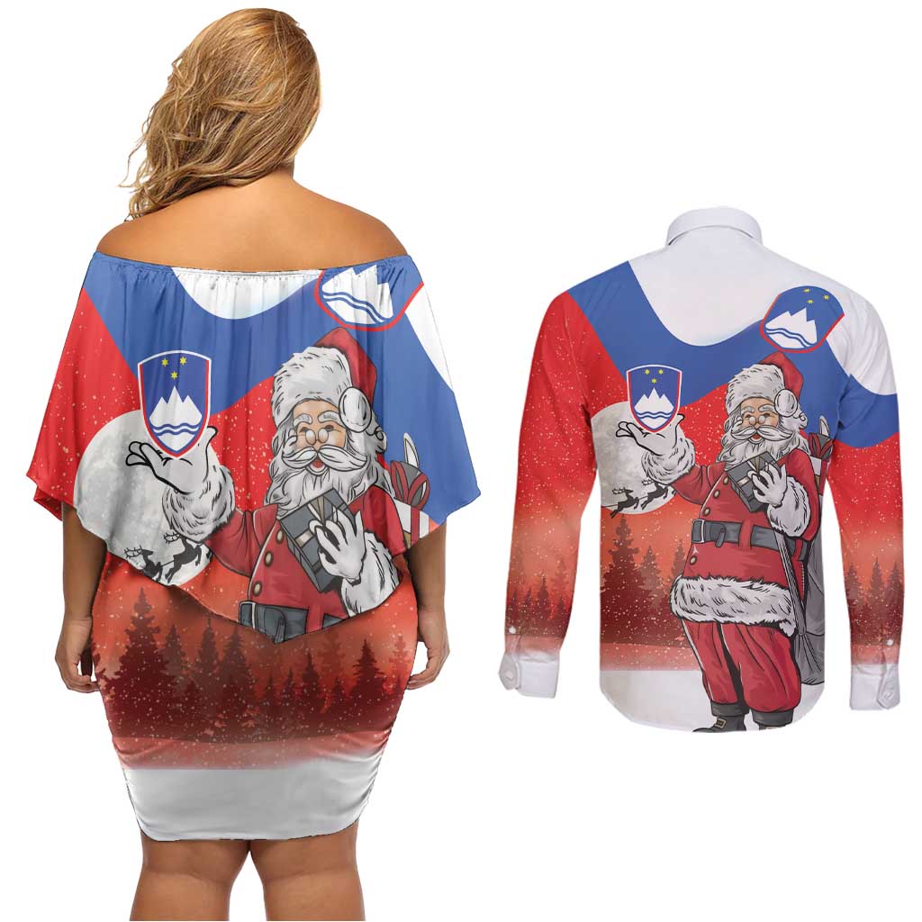 Slovenia Santa Christmas Couples Matching Off Shoulder Short Dress and Long Sleeve Button Shirt Slovenija Vesel Bozic Flag Style - Wonder Print Shop