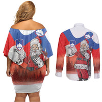 Slovenia Santa Christmas Couples Matching Off Shoulder Short Dress and Long Sleeve Button Shirt Slovenija Vesel Bozic Flag Style - Wonder Print Shop