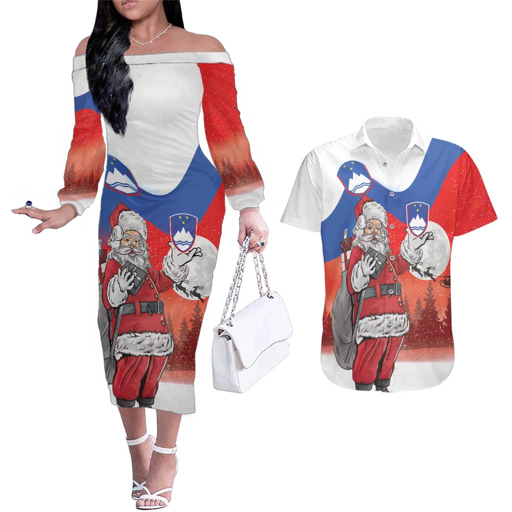 Slovenia Santa Christmas Couples Matching Off The Shoulder Long Sleeve Dress and Hawaiian Shirt Slovenija Vesel Bozic Flag Style - Wonder Print Shop