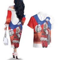 Slovenia Santa Christmas Couples Matching Off The Shoulder Long Sleeve Dress and Hawaiian Shirt Slovenija Vesel Bozic Flag Style - Wonder Print Shop
