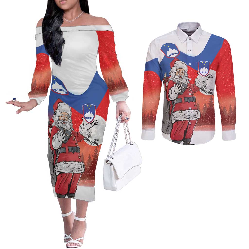 Slovenia Santa Christmas Couples Matching Off The Shoulder Long Sleeve Dress and Long Sleeve Button Shirt Slovenija Vesel Bozic Flag Style - Wonder Print Shop