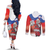 Slovenia Santa Christmas Couples Matching Off The Shoulder Long Sleeve Dress and Long Sleeve Button Shirt Slovenija Vesel Bozic Flag Style - Wonder Print Shop