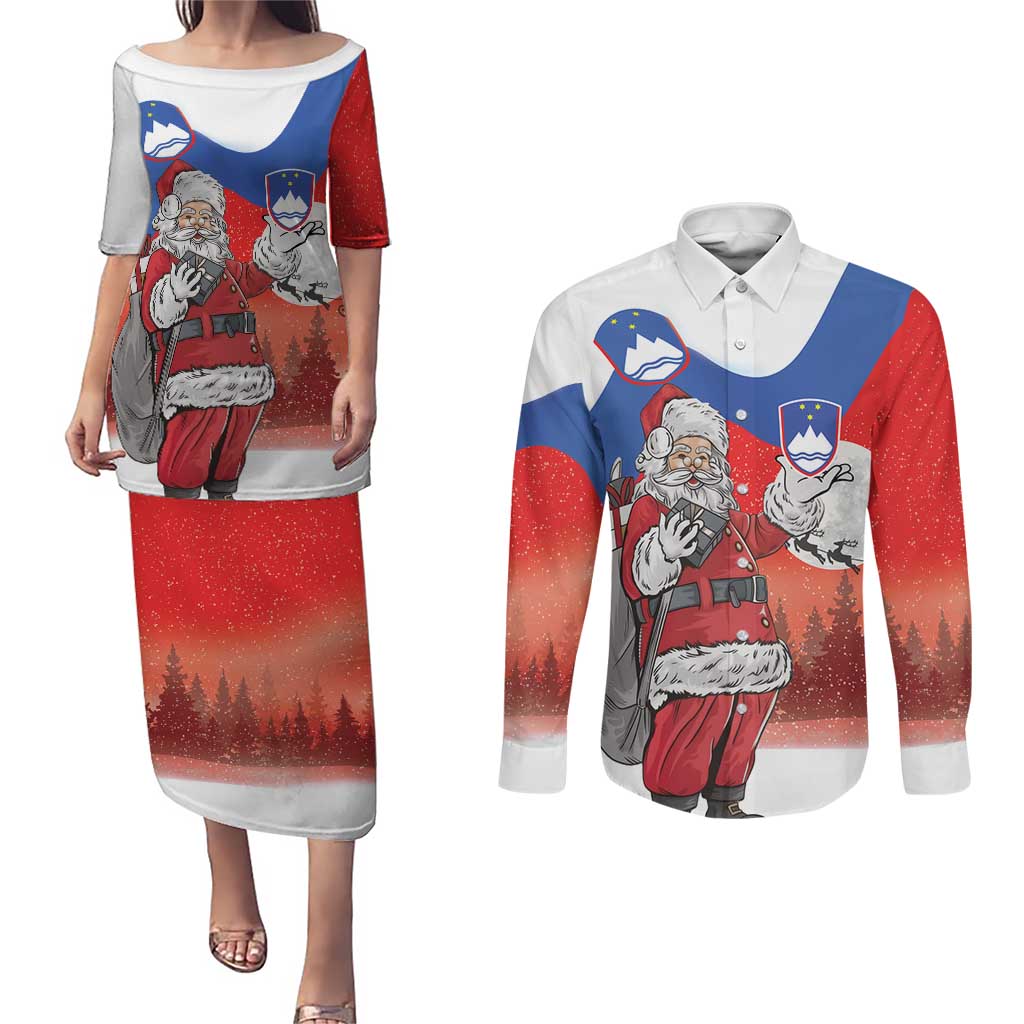 Slovenia Santa Christmas Couples Matching Puletasi and Long Sleeve Button Shirt Slovenija Vesel Bozic Flag Style - Wonder Print Shop