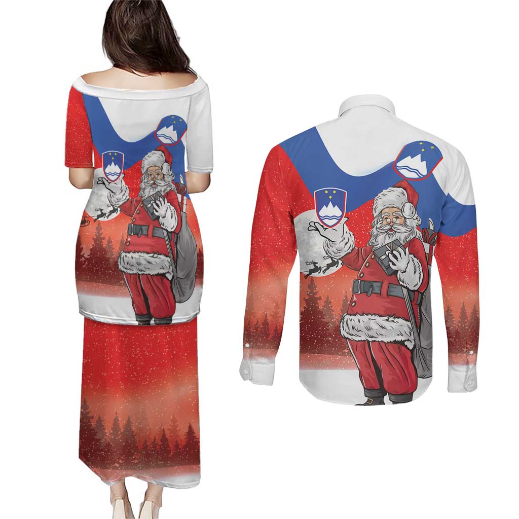 Slovenia Santa Christmas Couples Matching Puletasi and Long Sleeve Button Shirt Slovenija Vesel Bozic Flag Style - Wonder Print Shop