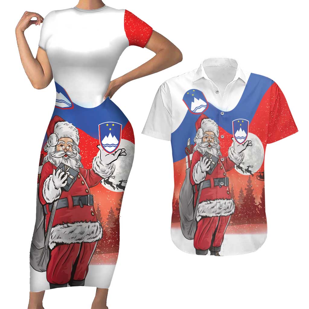 Slovenia Santa Christmas Couples Matching Short Sleeve Bodycon Dress and Hawaiian Shirt Slovenija Vesel Bozic Flag Style - Wonder Print Shop