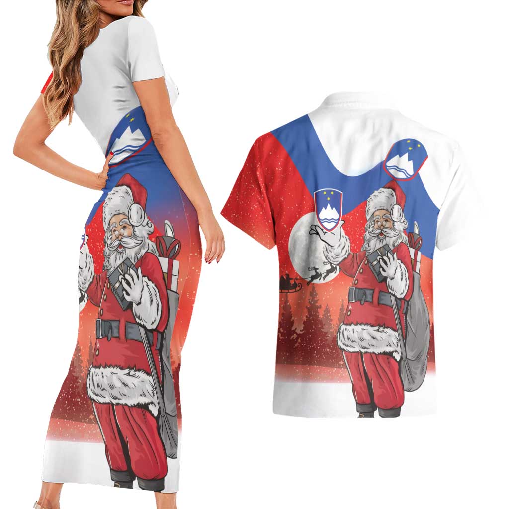 Slovenia Santa Christmas Couples Matching Short Sleeve Bodycon Dress and Hawaiian Shirt Slovenija Vesel Bozic Flag Style - Wonder Print Shop