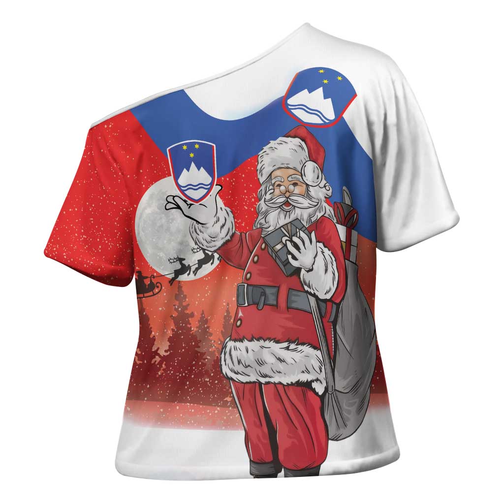 Slovenia Santa Christmas Cross Shoulder Shirt Slovenija Vesel Bozic Flag Style - Wonder Print Shop