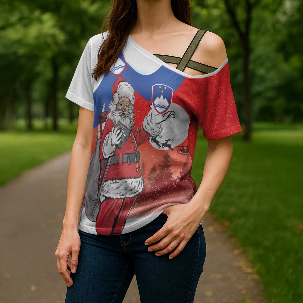 Slovenia Santa Christmas Cross Shoulder Shirt Slovenija Vesel Bozic Flag Style - Wonder Print Shop