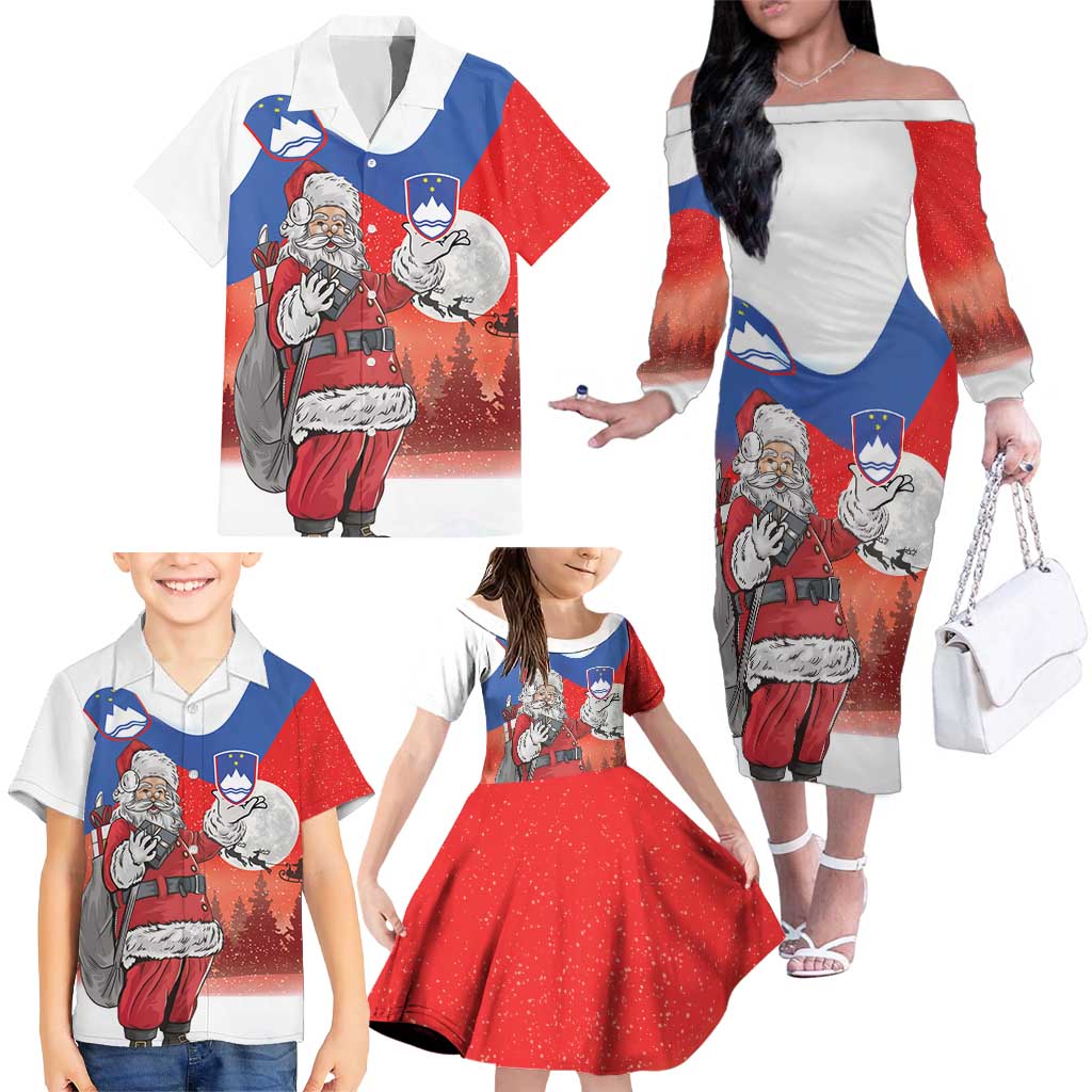 Slovenia Santa Christmas Family Matching Off The Shoulder Long Sleeve Dress and Hawaiian Shirt Slovenija Vesel Bozic Flag Style - Wonder Print Shop