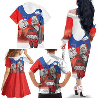 Slovenia Santa Christmas Family Matching Off The Shoulder Long Sleeve Dress and Hawaiian Shirt Slovenija Vesel Bozic Flag Style - Wonder Print Shop