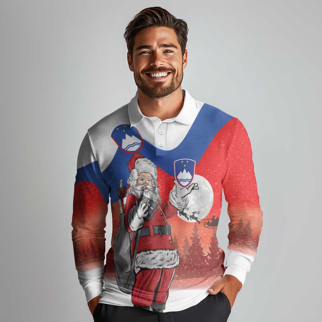 Slovenia Santa Christmas Long Sleeve Polo Shirt Slovenija Vesel Bozic Flag Style - Wonder Print Shop
