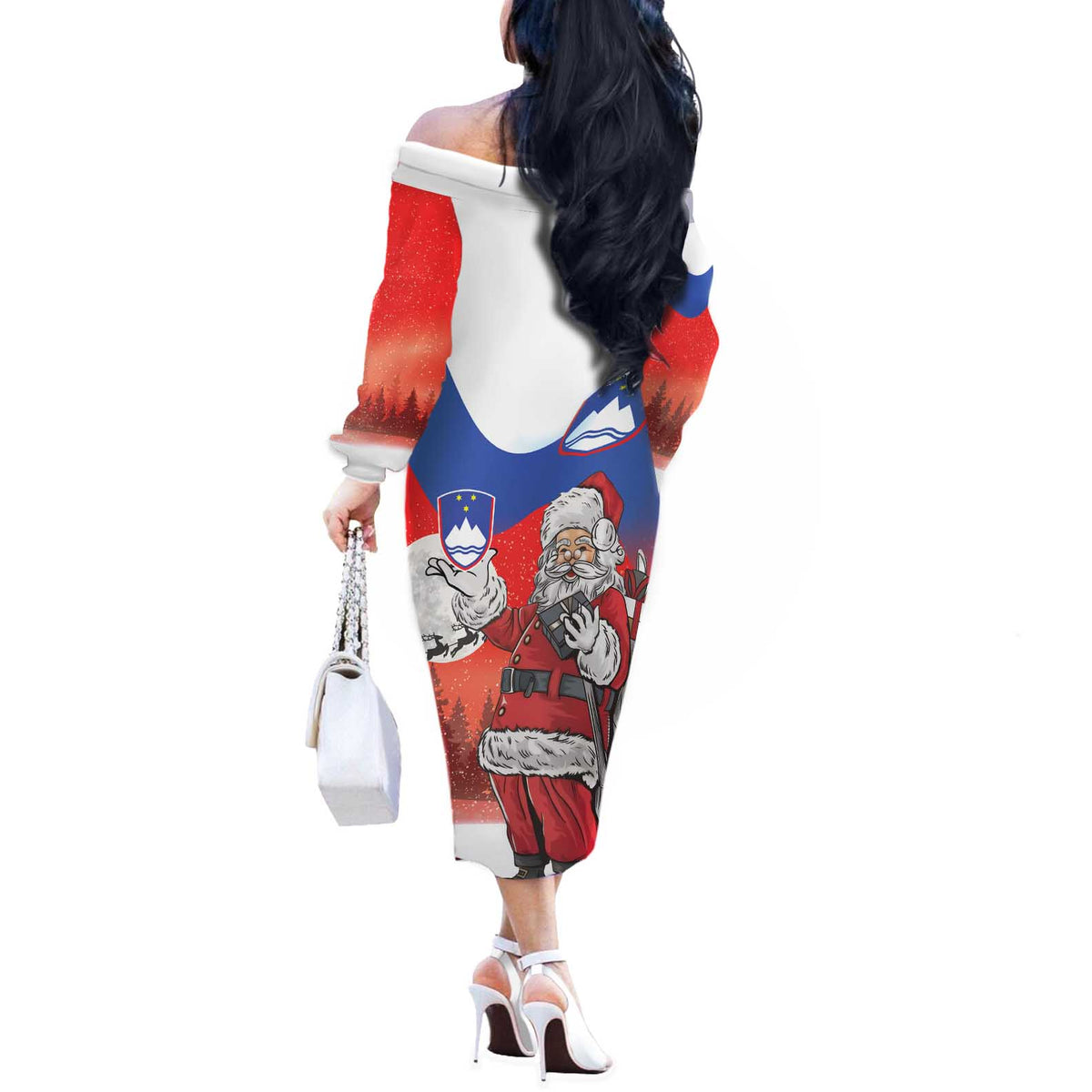 Slovenia Santa Christmas Off The Shoulder Long Sleeve Dress Slovenija Vesel Bozic Flag Style - Wonder Print Shop