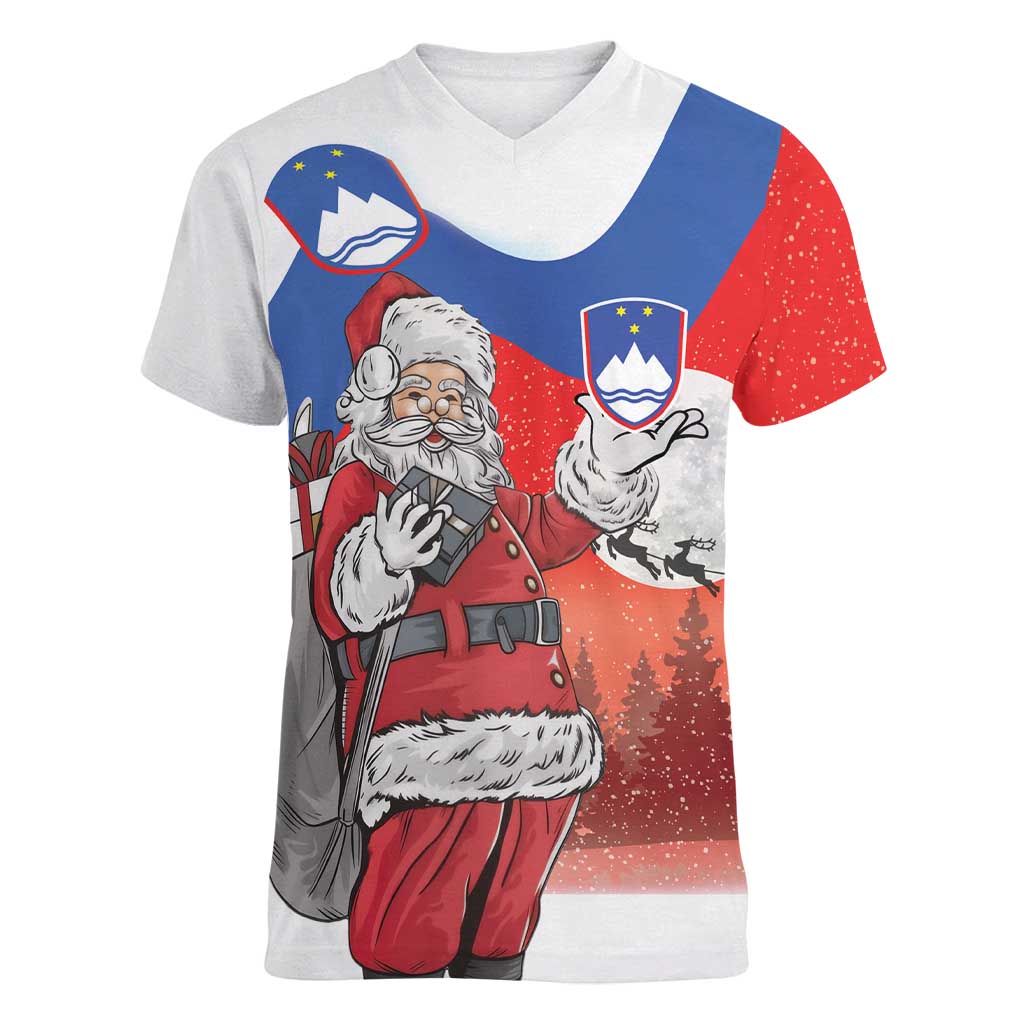 Slovenia Santa Christmas Women V-Neck T-Shirt Slovenija Vesel Bozic Flag Style - Wonder Print Shop