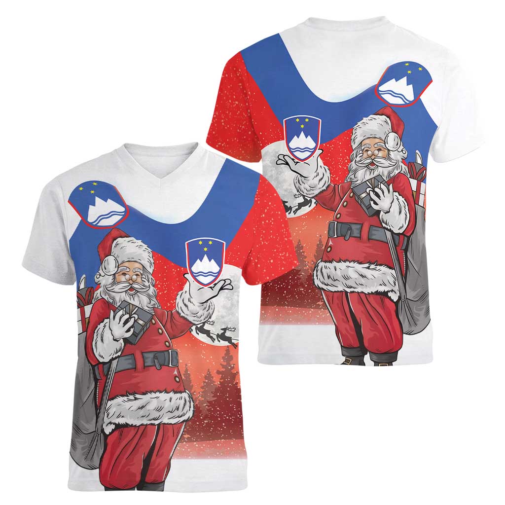 Slovenia Santa Christmas Women V-Neck T-Shirt Slovenija Vesel Bozic Flag Style - Wonder Print Shop