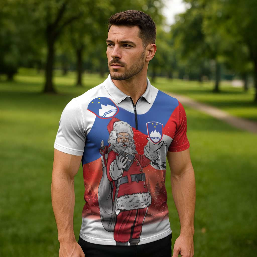 Slovenia Santa Christmas Zipper Polo Shirt Slovenija Vesel Bozic Flag Style - Wonder Print Shop