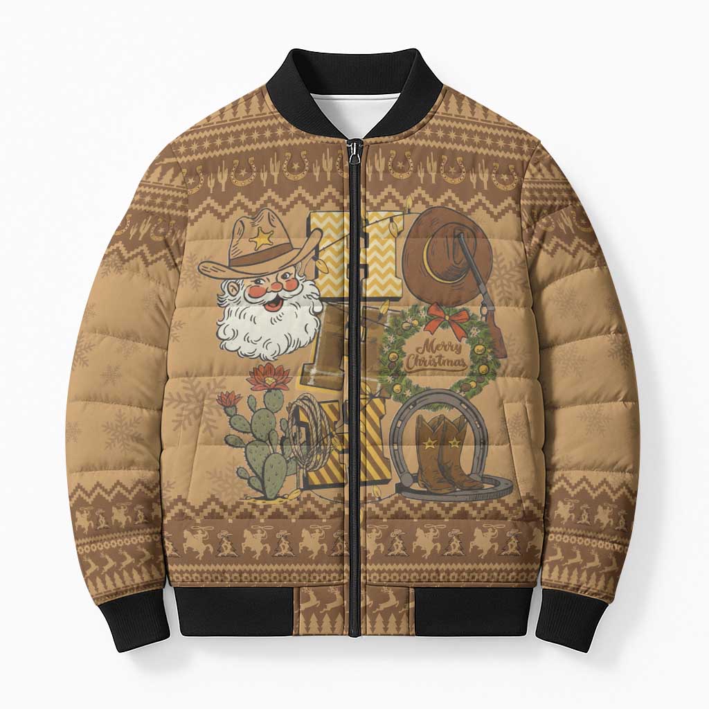 Western Cowboy Christmas Bomber Puffer Jacket Cowboy Santa Ho Ho Ho Retro - Wonder Print Shop