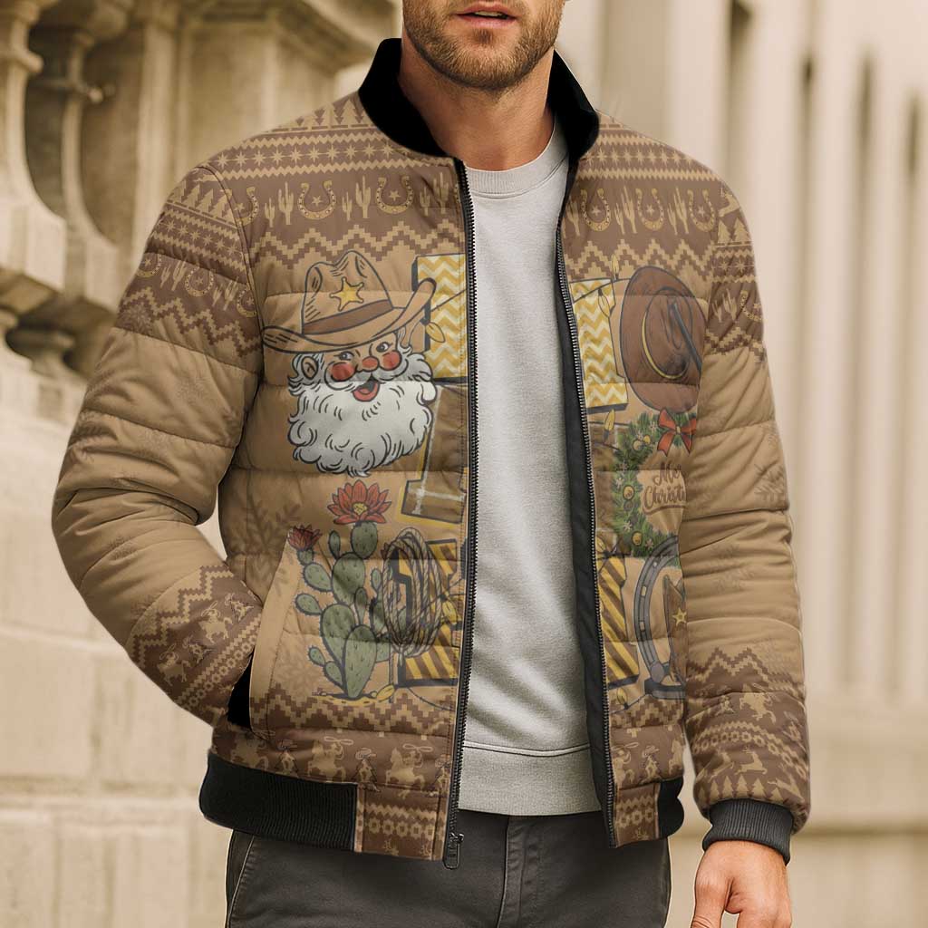 Western Cowboy Christmas Bomber Puffer Jacket Cowboy Santa Ho Ho Ho Retro - Wonder Print Shop