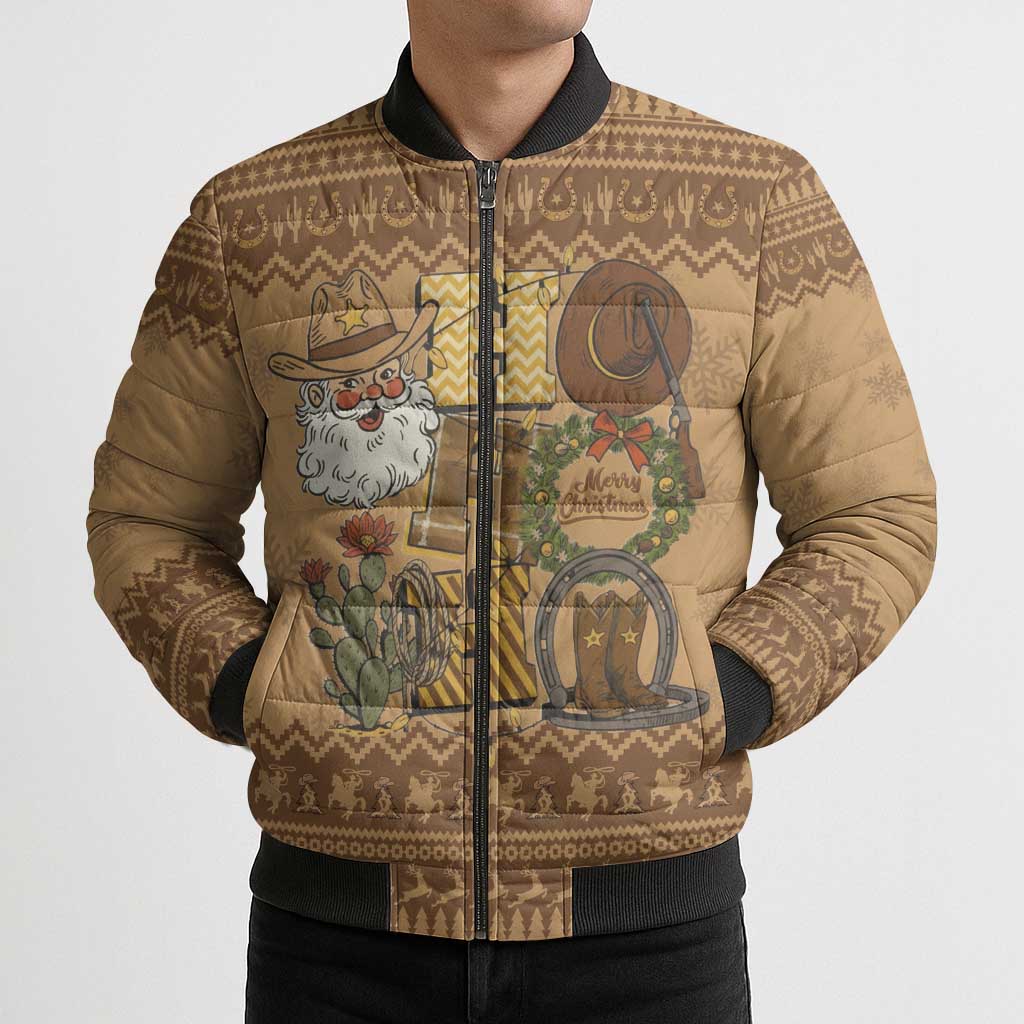 Western Cowboy Christmas Bomber Puffer Jacket Cowboy Santa Ho Ho Ho Retro - Wonder Print Shop