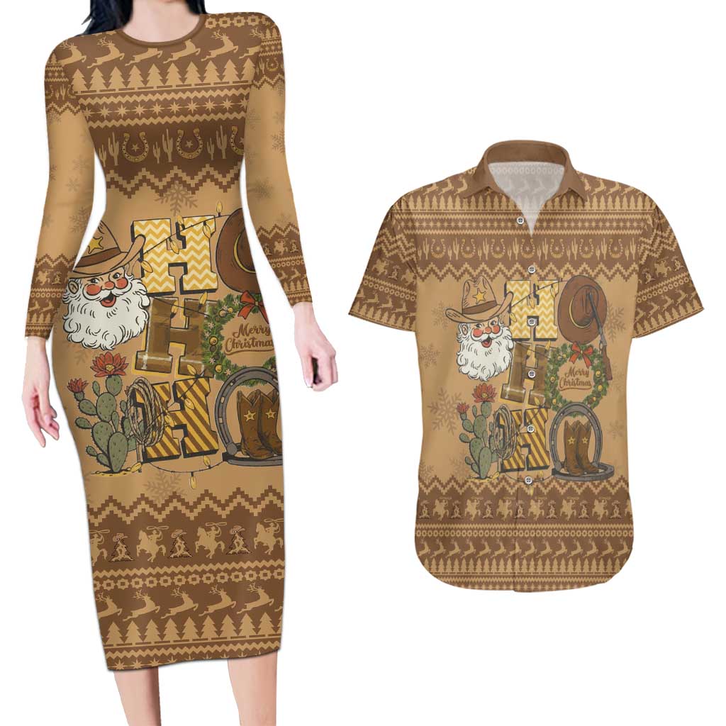 Western Cowboy Christmas Couples Matching Long Sleeve Bodycon Dress and Hawaiian Shirt Cowboy Santa Ho Ho Ho Retro - Wonder Print Shop