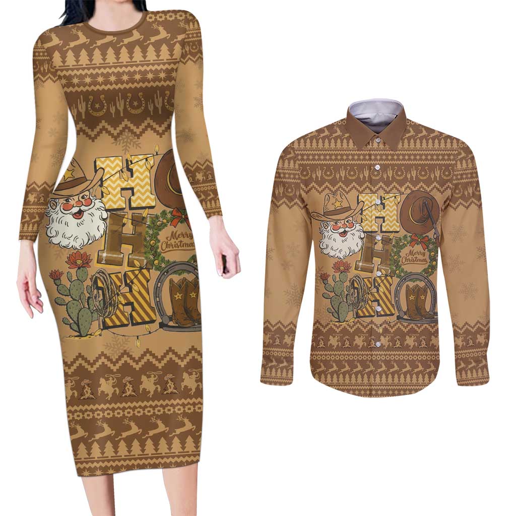 Western Cowboy Christmas Couples Matching Long Sleeve Bodycon Dress and Long Sleeve Button Shirt Cowboy Santa Ho Ho Ho Retro - Wonder Print Shop