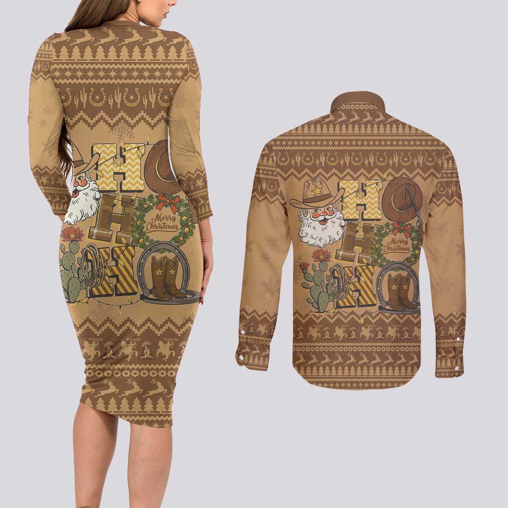 Western Cowboy Christmas Couples Matching Long Sleeve Bodycon Dress and Long Sleeve Button Shirt Cowboy Santa Ho Ho Ho Retro - Wonder Print Shop