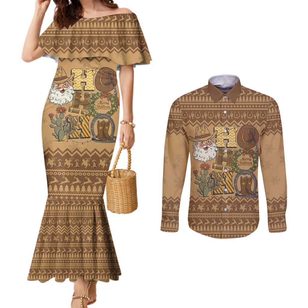 Western Cowboy Christmas Couples Matching Mermaid Dress and Long Sleeve Button Shirt Cowboy Santa Ho Ho Ho Retro - Wonder Print Shop