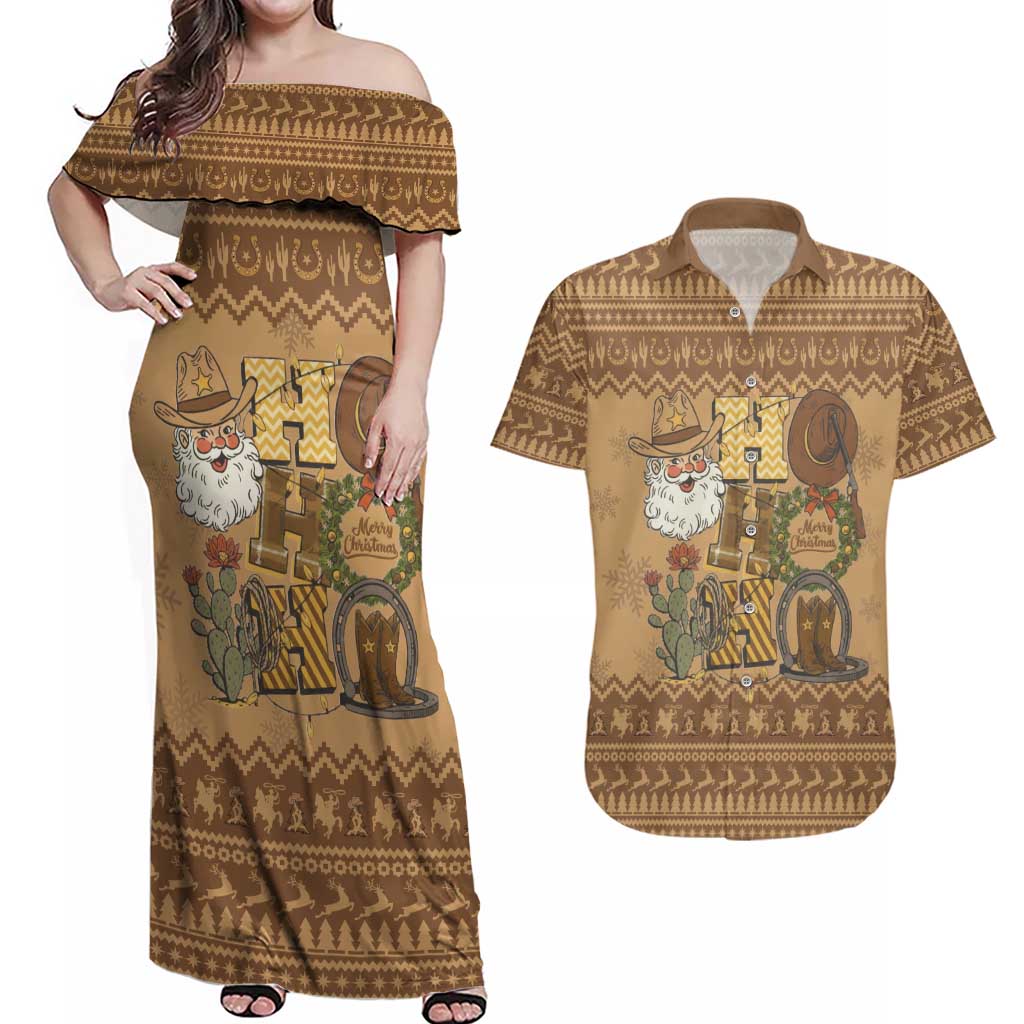 Western Cowboy Christmas Couples Matching Off Shoulder Maxi Dress and Hawaiian Shirt Cowboy Santa Ho Ho Ho Retro - Wonder Print Shop