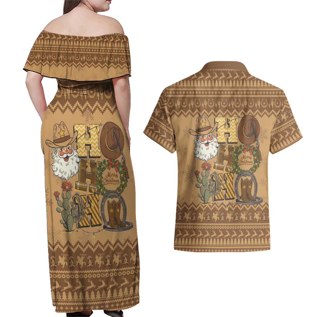 Western Cowboy Christmas Couples Matching Off Shoulder Maxi Dress and Hawaiian Shirt Cowboy Santa Ho Ho Ho Retro - Wonder Print Shop
