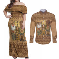 Western Cowboy Christmas Couples Matching Off Shoulder Maxi Dress and Long Sleeve Button Shirt Cowboy Santa Ho Ho Ho Retro - Wonder Print Shop