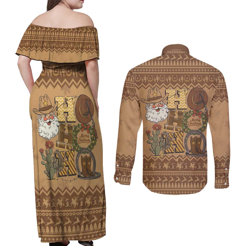 Western Cowboy Christmas Couples Matching Off Shoulder Maxi Dress and Long Sleeve Button Shirt Cowboy Santa Ho Ho Ho Retro - Wonder Print Shop