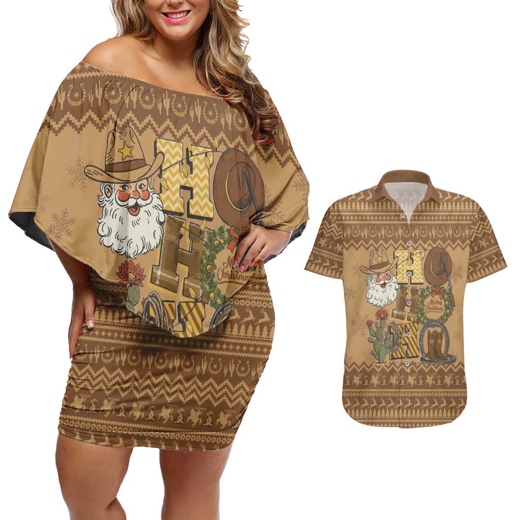 Western Cowboy Christmas Couples Matching Off Shoulder Short Dress and Hawaiian Shirt Cowboy Santa Ho Ho Ho Retro - Wonder Print Shop