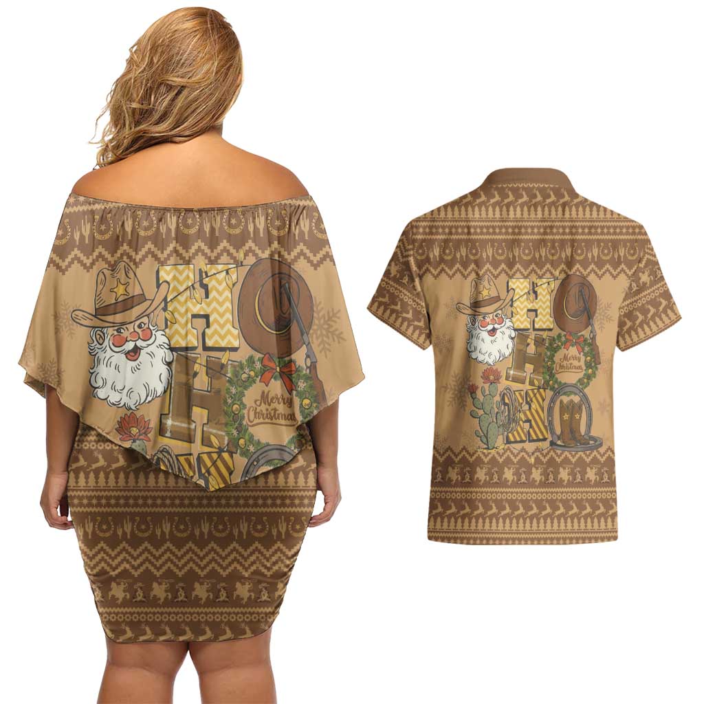 Western Cowboy Christmas Couples Matching Off Shoulder Short Dress and Hawaiian Shirt Cowboy Santa Ho Ho Ho Retro - Wonder Print Shop