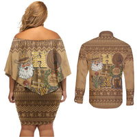 Western Cowboy Christmas Couples Matching Off Shoulder Short Dress and Long Sleeve Button Shirt Cowboy Santa Ho Ho Ho Retro - Wonder Print Shop
