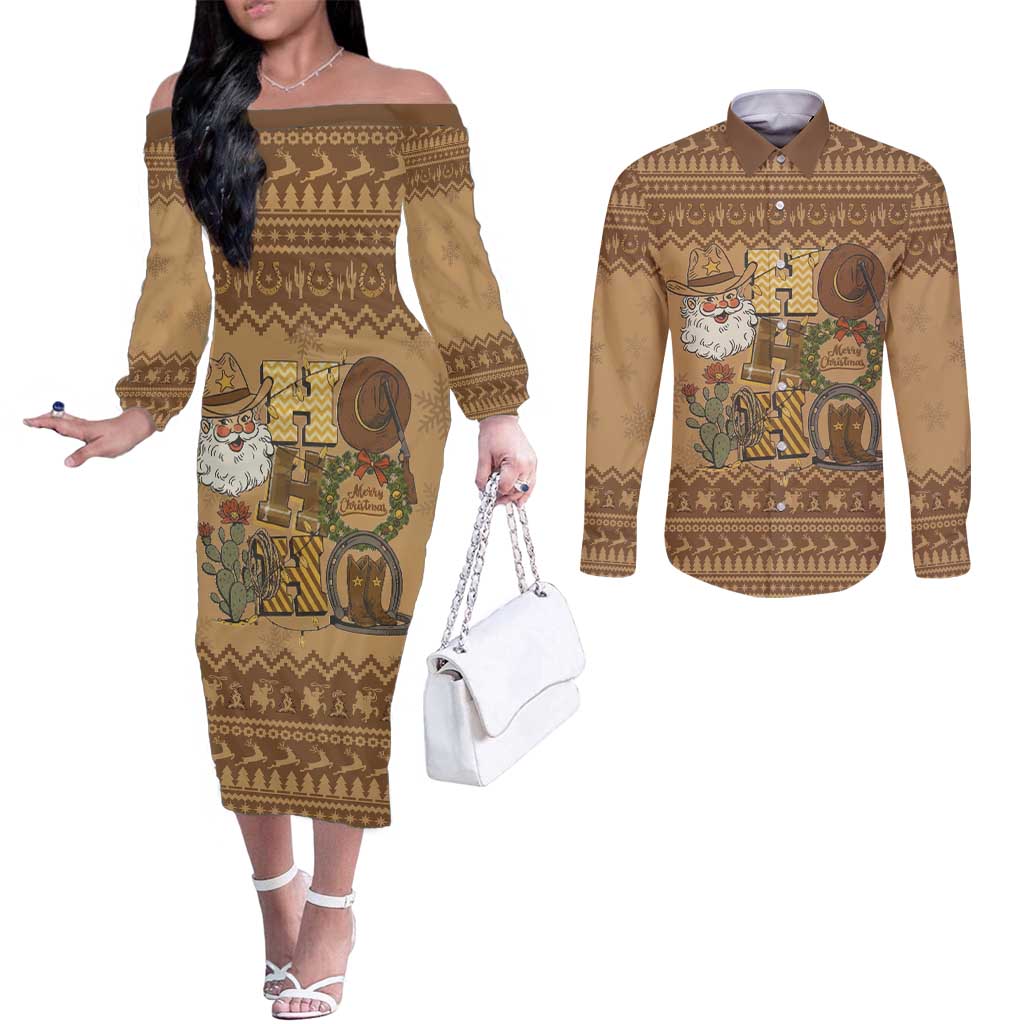 Western Cowboy Christmas Couples Matching Off The Shoulder Long Sleeve Dress and Long Sleeve Button Shirt Cowboy Santa Ho Ho Ho Retro - Wonder Print Shop
