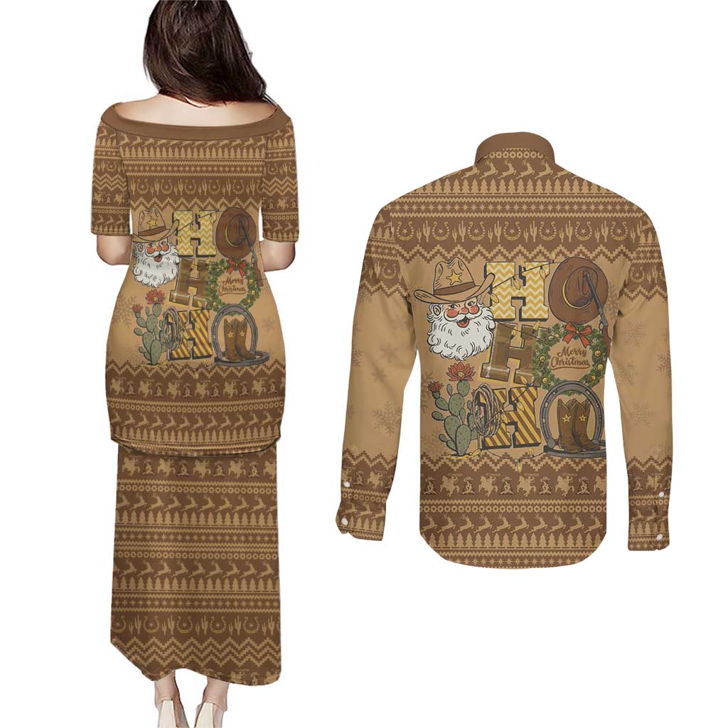 Western Cowboy Christmas Couples Matching Puletasi and Long Sleeve Button Shirt Cowboy Santa Ho Ho Ho Retro - Wonder Print Shop