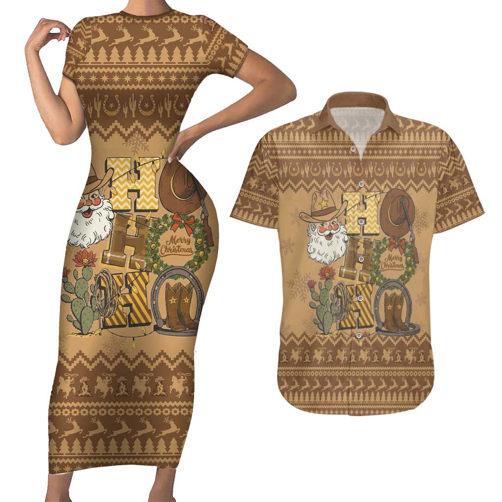 Western Cowboy Christmas Couples Matching Short Sleeve Bodycon Dress and Hawaiian Shirt Cowboy Santa Ho Ho Ho Retro - Wonder Print Shop
