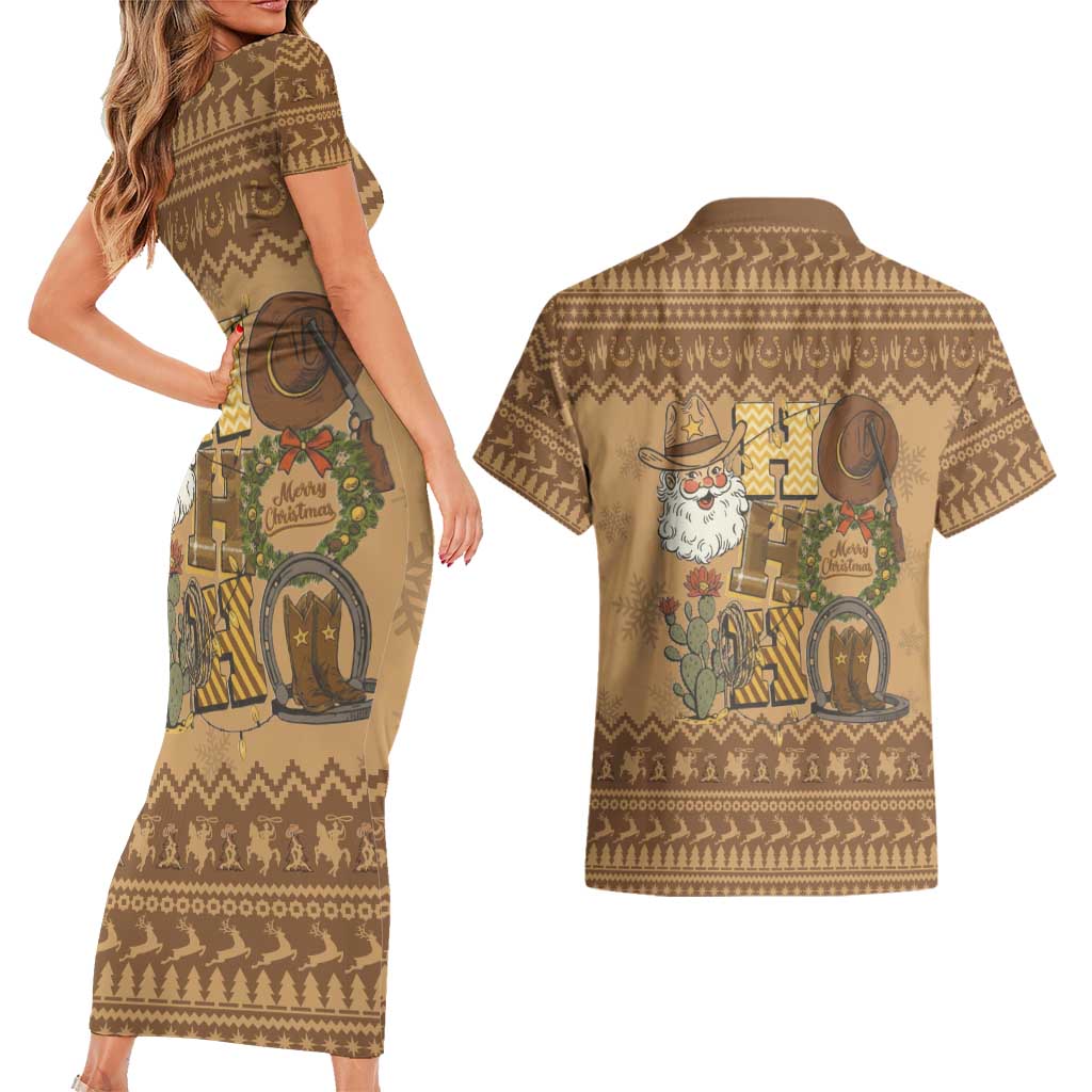 Western Cowboy Christmas Couples Matching Short Sleeve Bodycon Dress and Hawaiian Shirt Cowboy Santa Ho Ho Ho Retro - Wonder Print Shop