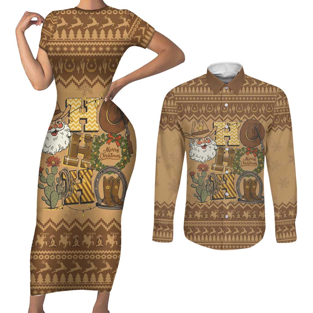 Western Cowboy Christmas Couples Matching Short Sleeve Bodycon Dress and Long Sleeve Button Shirt Cowboy Santa Ho Ho Ho Retro - Wonder Print Shop