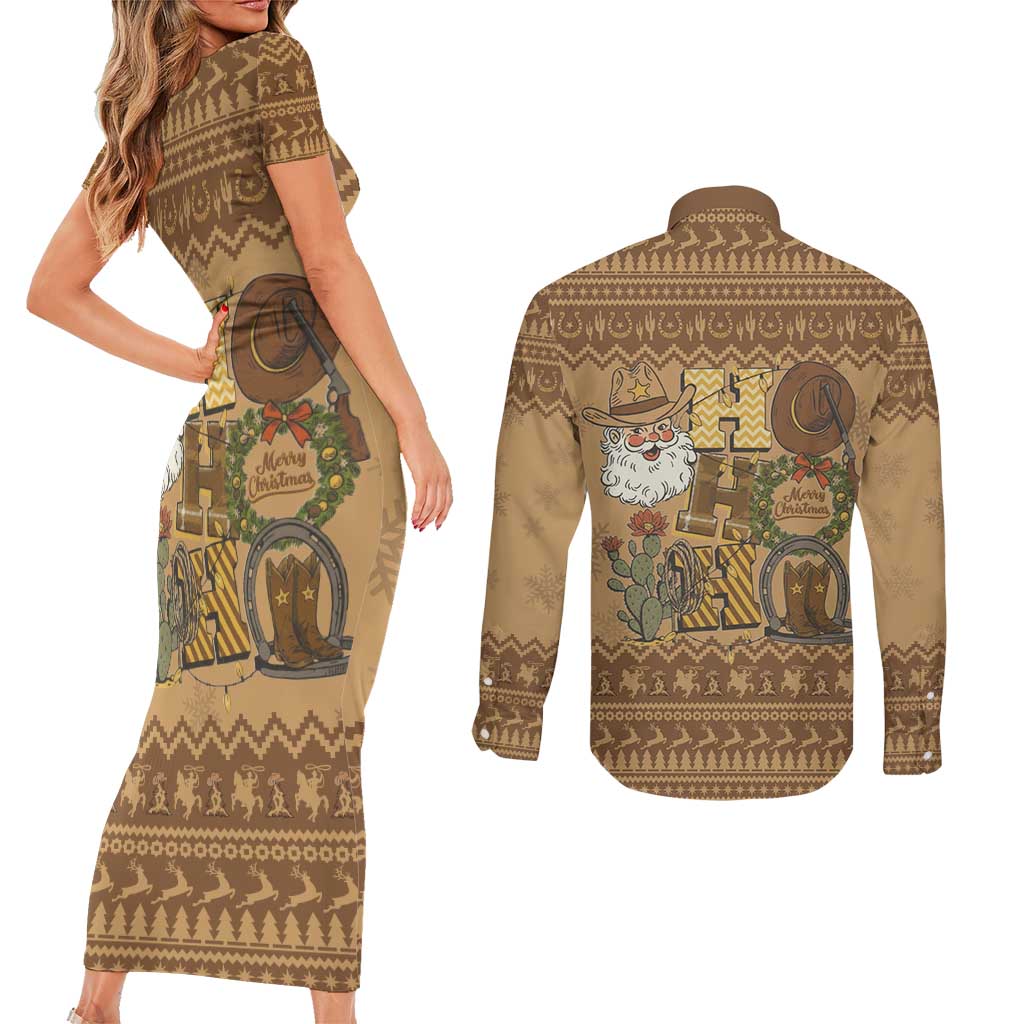 Western Cowboy Christmas Couples Matching Short Sleeve Bodycon Dress and Long Sleeve Button Shirt Cowboy Santa Ho Ho Ho Retro - Wonder Print Shop