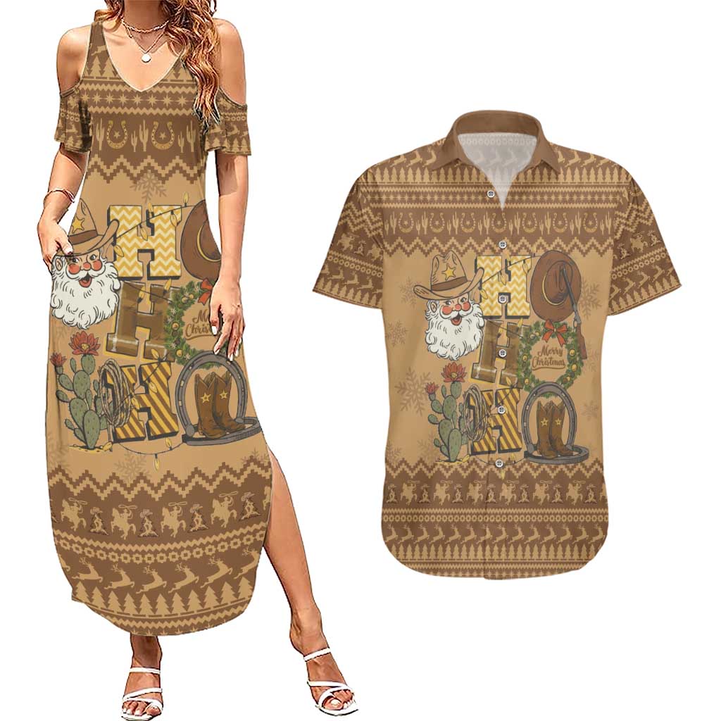 Western Cowboy Christmas Couples Matching Summer Maxi Dress and Hawaiian Shirt Cowboy Santa Ho Ho Ho Retro - Wonder Print Shop