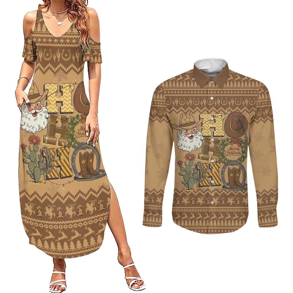 Western Cowboy Christmas Couples Matching Summer Maxi Dress and Long Sleeve Button Shirt Cowboy Santa Ho Ho Ho Retro - Wonder Print Shop